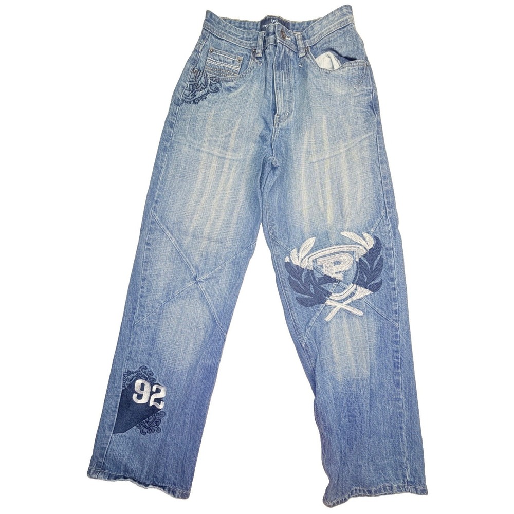 Phat Farm Embroidered Baggy Jeans Youth 16 Blue Wide Leg Y2K Hip‎ Hop Denim VTG